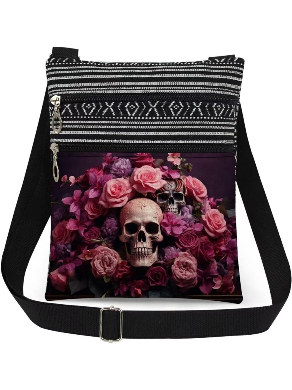 Womens Skulls Halloween Skull Pouch Adjustable Strap Zipper Crossbody Bag